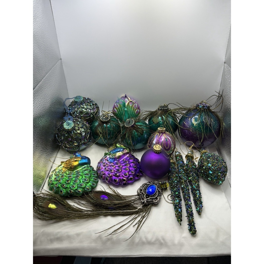 Lot of Christmas Peacock Ornaments, Glass & Mixed Material Teal & Purple READ